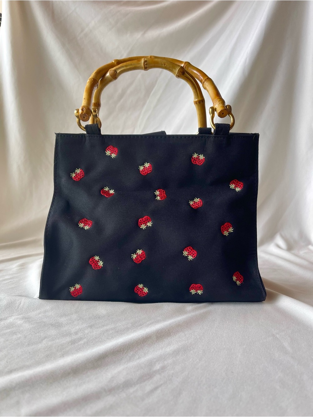 Black Strawberry Embroidered Handbag with Bamboo Handles